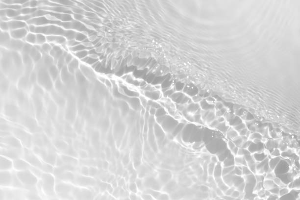 Photo of Water texture with wave sun reflections on the water overlay effect for photo or mockup. Organic light gray drop shadow caustic effect with wave refraction of light. Banner with copy space
