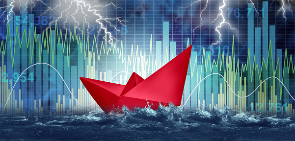 Financial risk and investment danger as stock market turbulence crisis and economic storm as a red paper boat symbol for wealth management and finance security in a 3D illustration style.