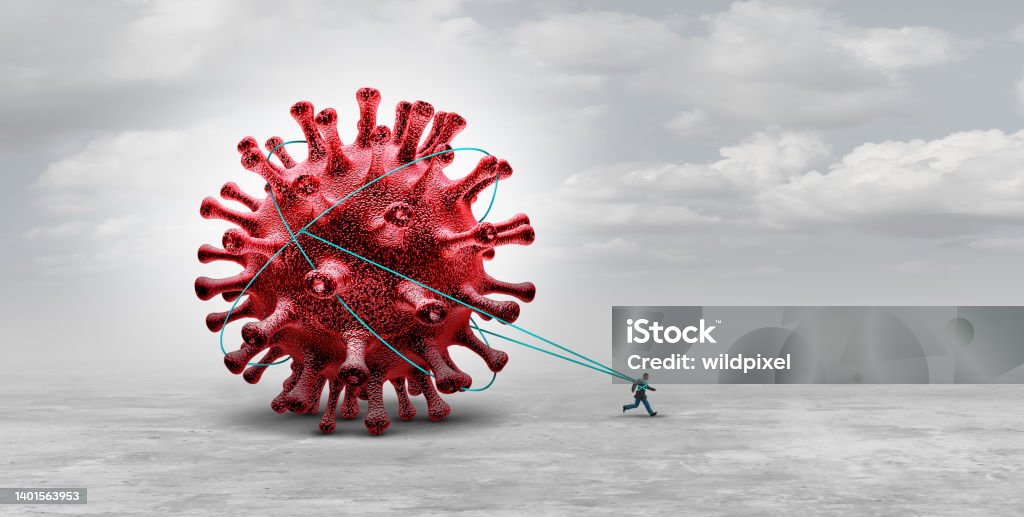 Long Covid long Covid syndrome and coronavirus pandemic symptoms that persist as a burden concept or being tied trapped as a hauler of a virus infection with 3D illustration elements. Long COVID Stock Photo