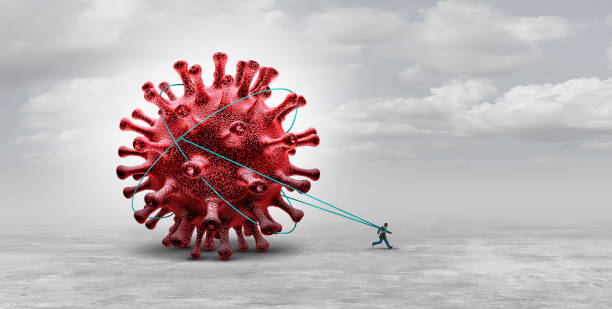 Long Covid long Covid syndrome and coronavirus pandemic symptoms that persist as a burden concept or being tied trapped as a hauler of a virus infection with 3D illustration elements. long covid stock pictures, royalty-free photos & images