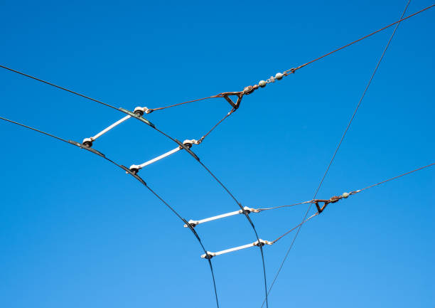 Overhead catenary and contact wires for an electric trolley bus system on a bend with a plain blue sky background.