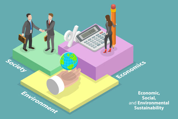 illustrations, cliparts, dessins animés et icônes de illustration conceptuelle 3d à vecteur plat isométrique de la durabilité économique, sociale et environnementale - three dimensional shape cartoon people business strategy