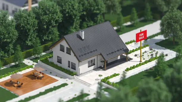 Tilit-shift model house for sale with real estate sign.