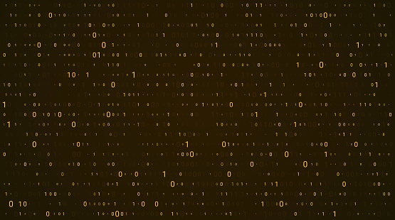Gold matrix background. Abstract binary code, fallen zero and one numbers wallpaper. Cyber background for hackathon and other digital events, vector illustration 3d effect.