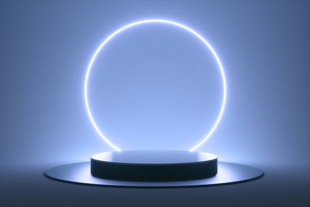 istock Abstract neon circle podium on a blue background. 3d render illustration 1401570015