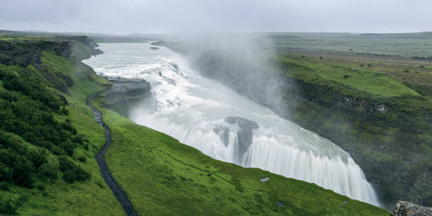 panorama of the famous gullfoss waterfall, iceland - gullfoss falls imagens e fotografias de stock