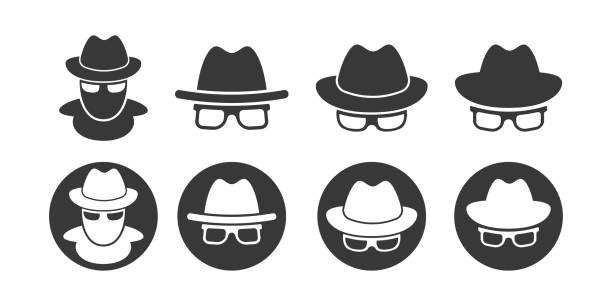 ilustrações de stock, clip art, desenhos animados e ícones de incognito private mode vetor icon. anonymous spy symbol. man with hat and glasses. - infiltration