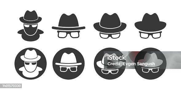 istock Incognito private mode vetor icon. Anonymous spy symbol. Man with hat and glasses. 1401570330