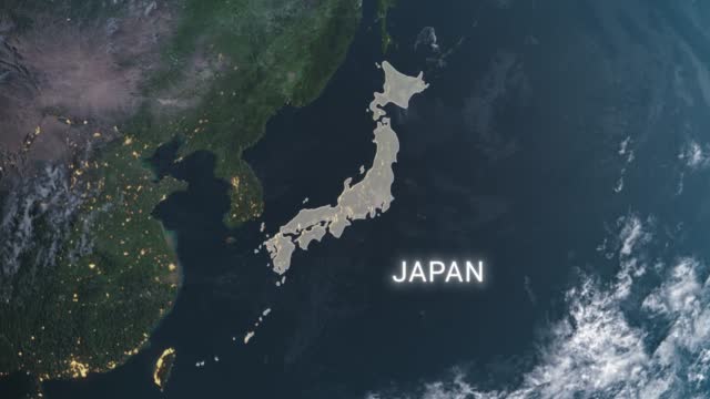 Japan map highlighted with border and country name, zooming in from the space through a 4K photo real animated globe, with a panoramic view consisting of Asia, Eurasia and Africa. Realistic epic spinning world animation, Planet Earth, sea, highlight,