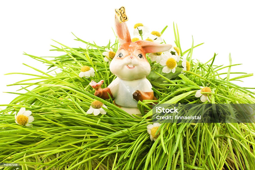 Easter Porcelain figurine of a rabbit shot in close-up of green grass on white background Agricultural Field Stock Photo