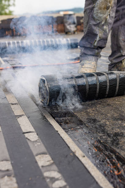 istock Bituminous membrane waterproofing system details and installation on flat rooftop. 1401574579