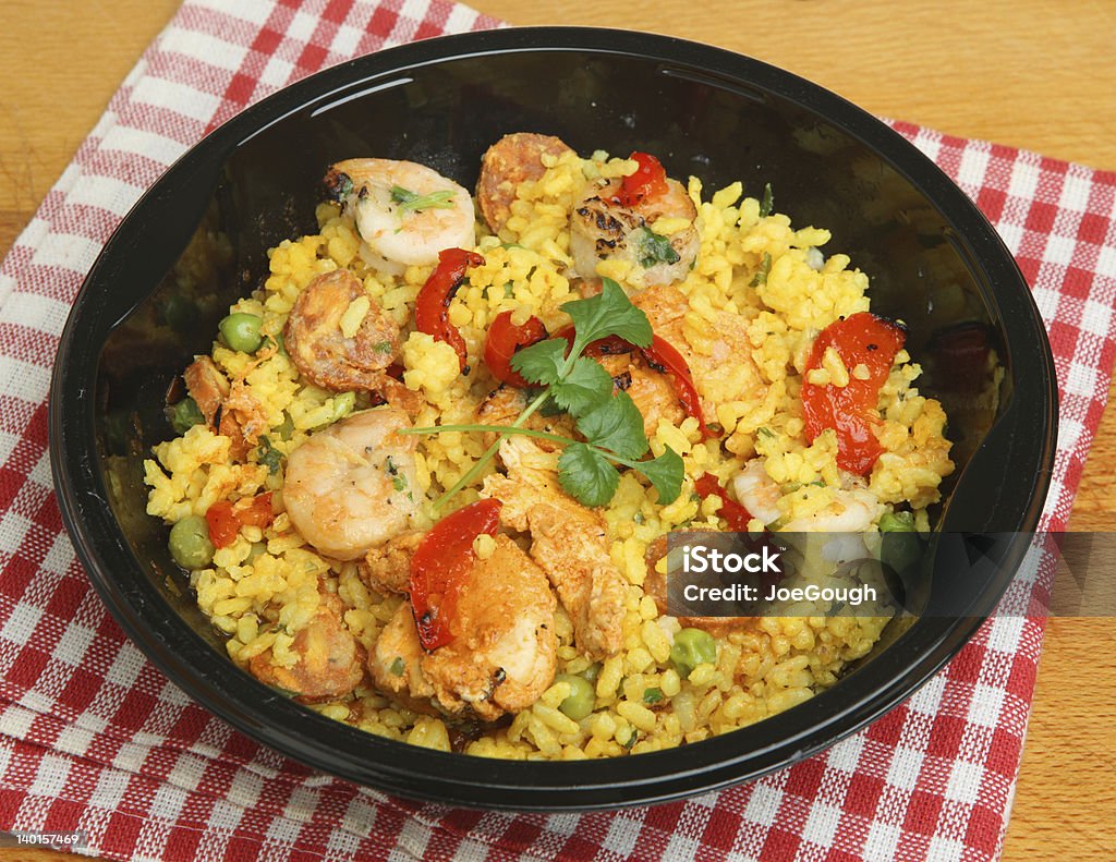 Paella Ready Convenience Meal Paella ready meal with shrimp, chicken and chorizo. Chicken Meat Stock Photo