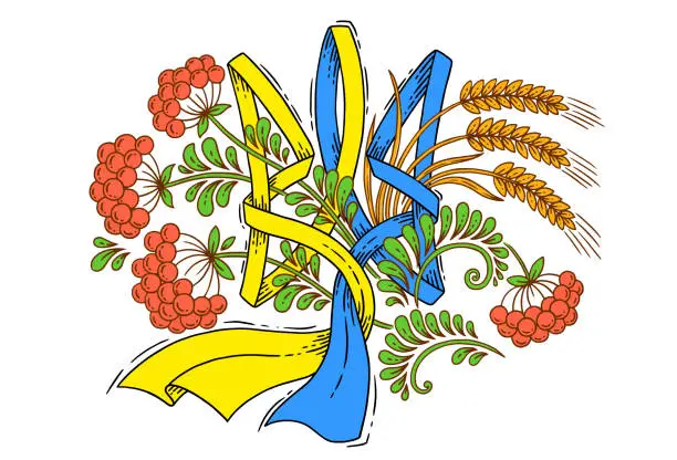 Vector illustration of Vector illustration design, decorative version of the state symbol of Ukraine trident. Ribbon in blue and yellow flag, viburnum berries and ears of wheat