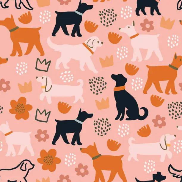 Vector illustration of Vector seamless pattern with cute dogs silhouettes, cut out flowers, crowns, dots on pink background. animal pattern with domestic dogs.