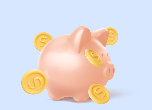 Piggy bank with Money creative business concept. Realistic 3d design. Pink pig keeps gold coins. vector illustration