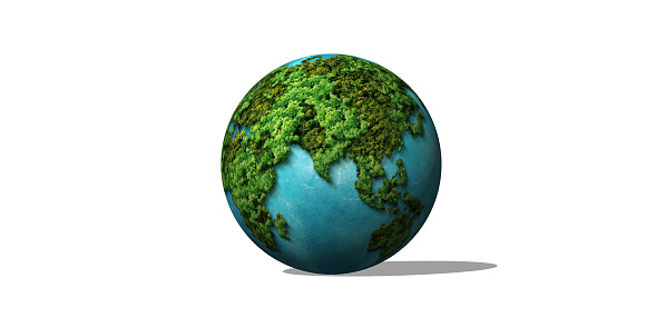 Green World Map- 3D tree or forest shape of world map isolated on white background. World Map Green Planet Earth Day or Environment day Concept. Green earth with electric car. Paris agreement concept.