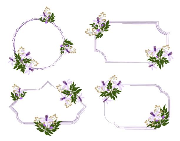 Set of floral frame with Chinaberry flower Set of floral frame with Chinaberry flower. Hand drawn border, leaves and flowers for wedding invitation and cards, logo design and posters template. Vector illustration chinaberry stock illustrations