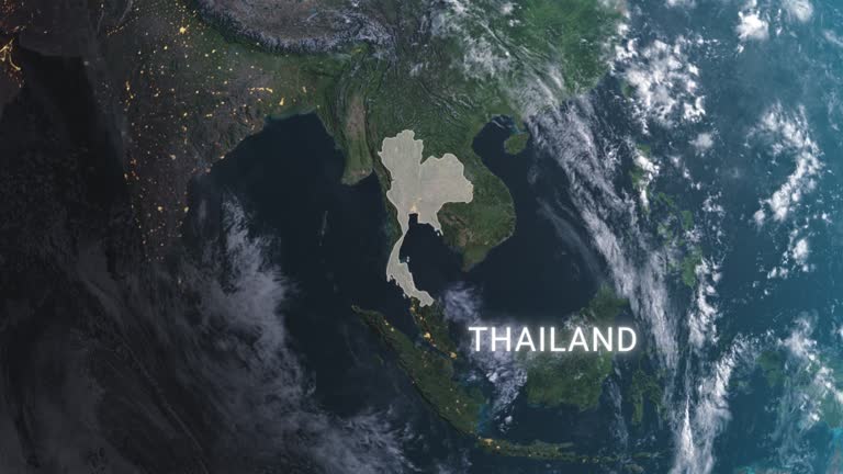 Thailand map highlighted with border and country name, zooming in from the space through a 4K photo real animated globe, with a panoramic view consisting of Asia, Eurasia and Africa. Realistic epic spinning world animation, Planet Earth, sea, highlight,