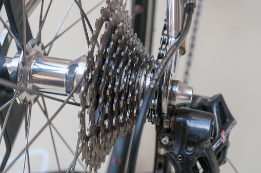 Rear bicycle wheel and gears close up
