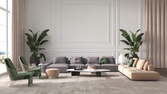 Modern interior design living room with large white classic panels and wall mock up. 3d render illustration 4K video animation scene.