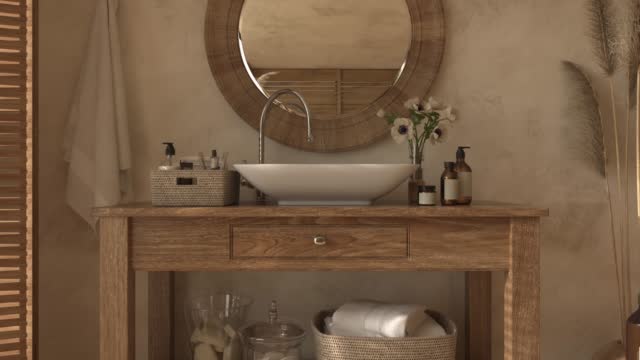 Boho scandinavian style in home interior background. Beige bathroom with natural wooden furniture. 3d render illustration 4K video animation scene.