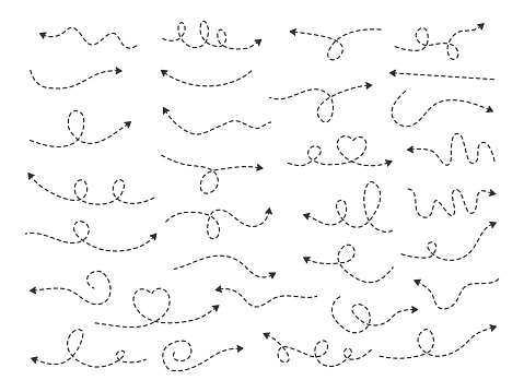 Dotted line arrows doodle set. Hand drawn dashed different way arrow. Linear route collection. Vector isolated on white.