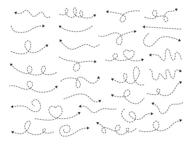 Dotted line arrows doodle set. Dotted line arrows doodle set. Hand drawn dashed different way arrow. Linear route collection. Vector isolated on white. arrow sign stock illustrations