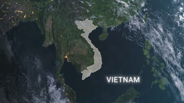 Vietnam map highlighted with border and country name, zooming in from the space through a 4K photo real animated globe, with a panoramic view consisting of Asia, Eurasia and Africa. Realistic epic spinning world animation, Planet Earth, sea, highlight,