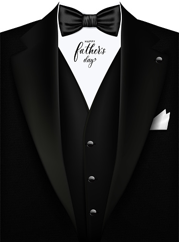 Vector realistic tuxedo background with bow. Black men's suit, tuxedo with vest. Illustration of male symbols for an invitation, a corporate party. Invitation design for men