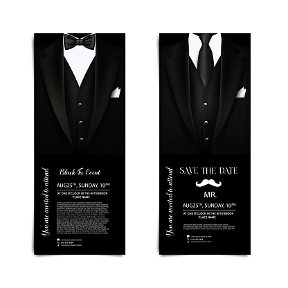 Vector business cards with elegant suit and tuxedo. Invitation flyer for the holiday