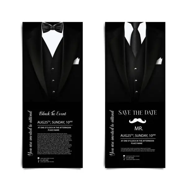 Vector illustration of Vector business cards with elegant suit and tuxedo. Invitation flyer for the holiday