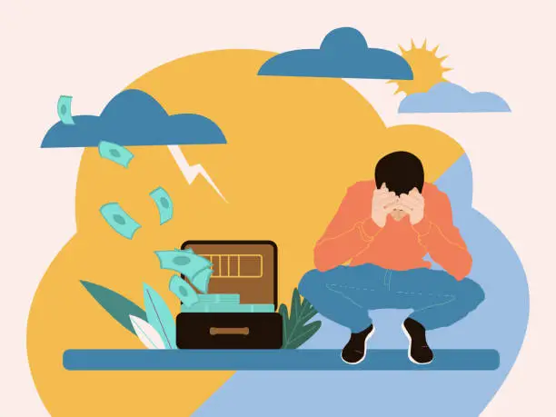 Vector illustration of Illustration with a man holding his head, next to a suitcase with money