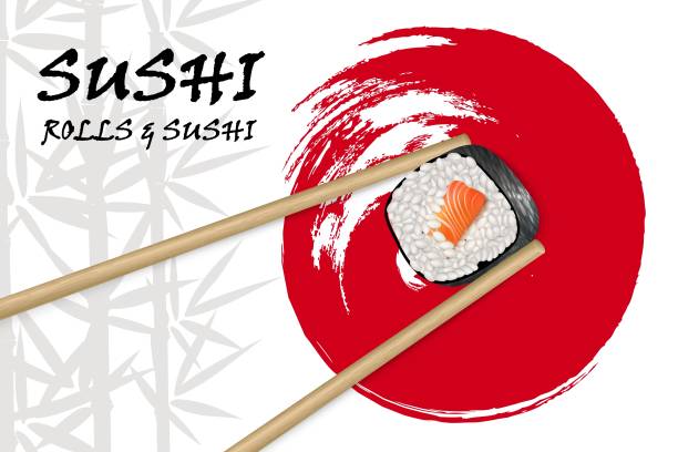 istock Vector realistic image of sushi with bamboo sticks on the background of bamboo and red circle brushstroke. Restaurant sushi menu background. Sushi advertisement 1401582426