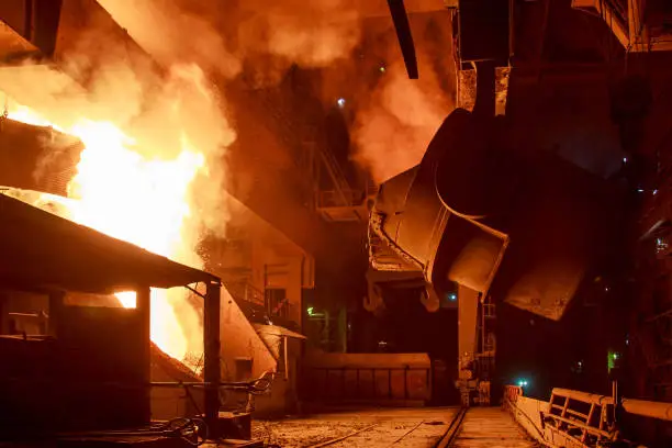 Basic oxygen steelmaking process in a steel mill. Important part of steel production