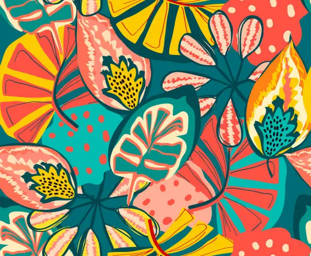 Vector illustration of Tropical pattern with multicolored hand drawn elements and funny background.