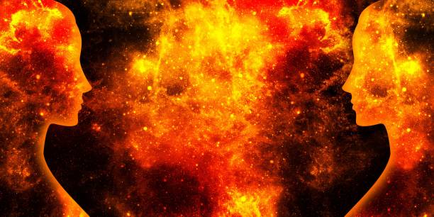 istock Female shining space silhouettes on a background of red and yellow starry universe 1401585455