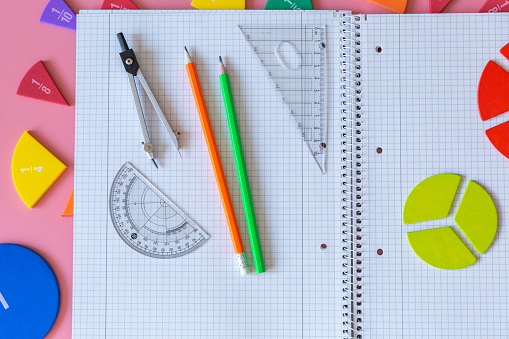 Pencil Math Tools Geometry Set On Open Notebook Compass Drawing Tool Ruler Pencils ...