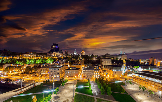 Panorama of Quebec City  with illuminated streets in the evening