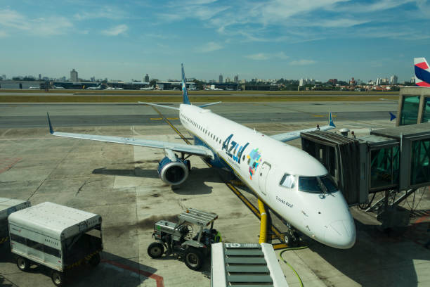 Azul Brazilian Airlines aircraft stopped at Congonhas airport terminal. São Paulo, Brazil: May 24, 2022: Azul Brazilian Airlines plane stopped at Congonhas airport terminal. congonhas airport stock pictures, royalty-free photos & images