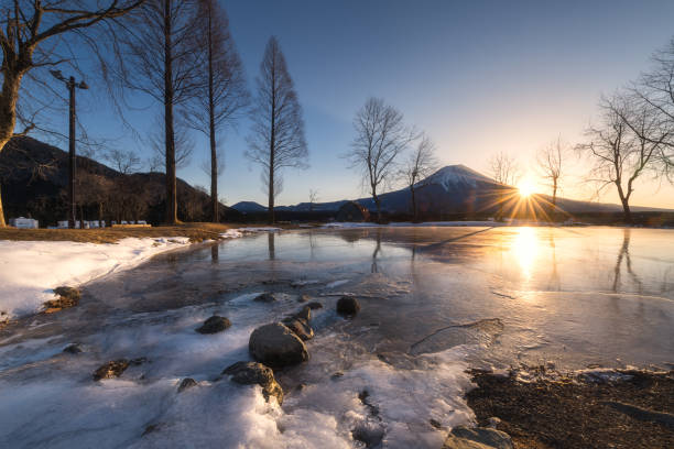 Photo of Mt.Fuji with the frozen lake around Fumotoppara campground in the winder during sunrise