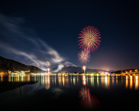 Winter firework festival (Fuyu Hanabi) from lake Kawaguchi and Mt.Fuji at night
