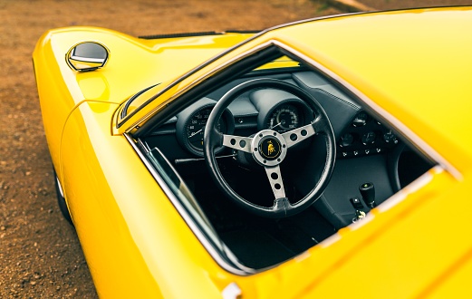 San Fran, CA, USA\n11/2/2021\nYellow Lamborghini Miura leather steering wheel with aluminium spokes