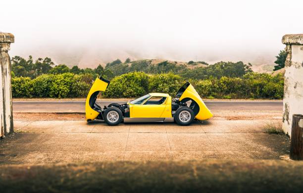 Yellow Lamborghini Miura San Fran, CA, USA
11/2/2021
Yellow Lamborghini Miura front and rear clam shell hoods open with the car parked on the side of the road lamborghini miura stock pictures, royalty-free photos & images