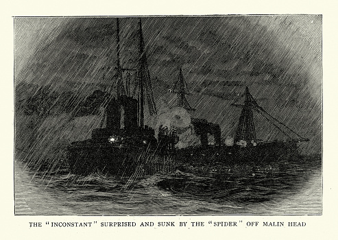 Vintage illustration, Victorian British Royal navy warships training for night attack, HMS Inconstant and HMS Spider, torpedo gunboat, 19th Century