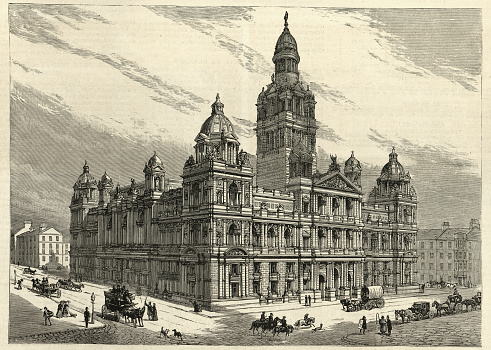 Vintage illustration of Glasgow City Chambers or Municipal Buildings, George Square, Glasgow, Scotland, 19th Century