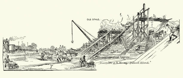 Vintage illustration, Navvies digging during construction of the Manchester Ship Canal, Victorian engineering, 1888, 19th Century