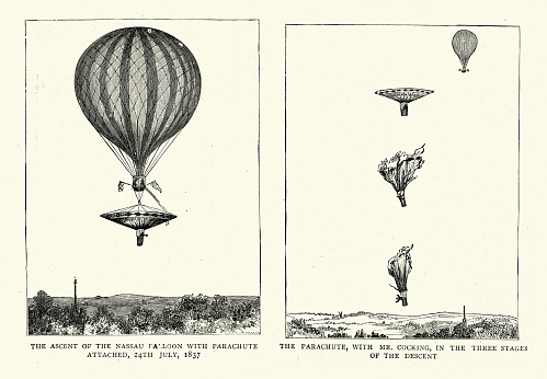 Vintage illustration, Charles Green's Great Nassau balloon and Robert Cocking's parachute, 24th July 1837. Robert Cocking (1776 – 24 July 1837) was a British watercolour artist who died in the first parachute accident. Charles Green (31 January 1785 – 26 March 1870) was the United Kingdom's most famous balloonist of the 19th century.