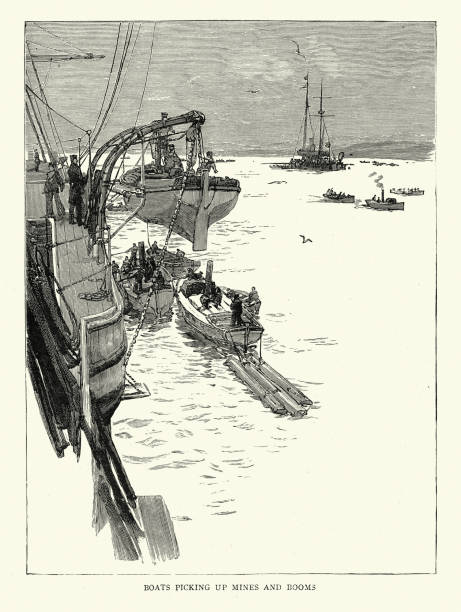 ilustrações, clipart, desenhos animados e ícones de navios de guerra da marinha real britânica recolhendo minas e booms, 1888, século xix - seamine