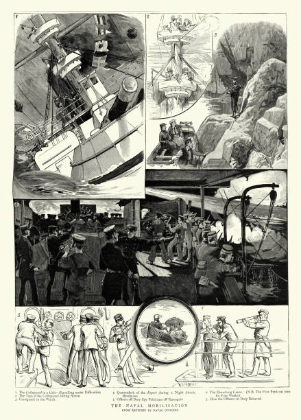 mobilizacja brytyjskiej royal navy, hms collingwood, 1888, 19 wiek - royal marines stock illustrations