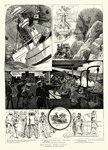 Vintage illustration Scene from British Royal navy mobilisation, HMS Collingwood, 1888, 19th Century